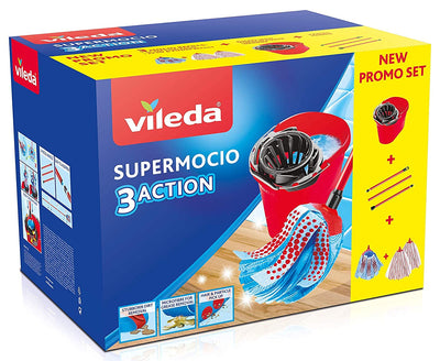 Vileda SuperMocio Box, Bodenreinigungssystem, Set mit Auswringer, 2 Mikrofaser- & Power-Flocken, 1 Schleife 3 Action, Griff 3 Stück, Rot