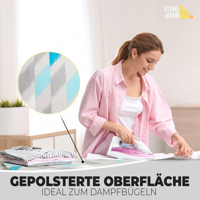 STAHLMANN ® Bügelbrett [110x30 Bügelfäche ] mit rutschfesten Füßen – robuster Bügeltisch – extra stabiles Bügelbrett [Made IN EU] – Tischbügelbrett