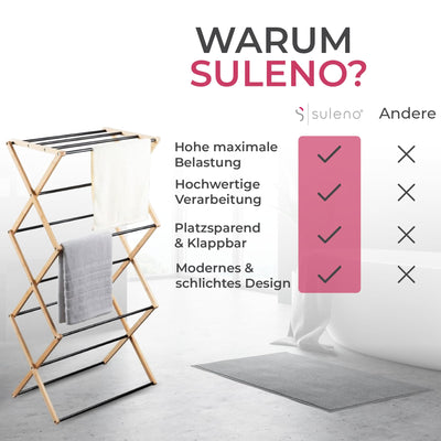 Suleno® Bambus Wäscheständer Bali, 57x113cm Klappbar & Ausziehbar, Platzsparend, 11 Metallstangen, 6 Ebenen, Leicht, Ideal für kleine Wohnungen, Enge Räume & Balkon, Innen/Außen, Umweltfreundlich