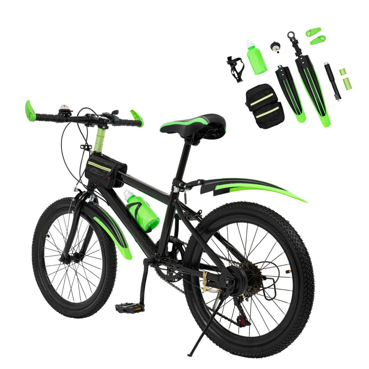 ROGONPDK 20 Zoll Kinderfahrrad Mountainbike, 7 Gang Kinderfahrrad für Jungen und Mädchen mit Trinkflasche, Aufbewahrungstasche, Kompassglocke, Kohlenstoffstahl Fahrrad, Tragfähigkeit: 85 kg (Grün)