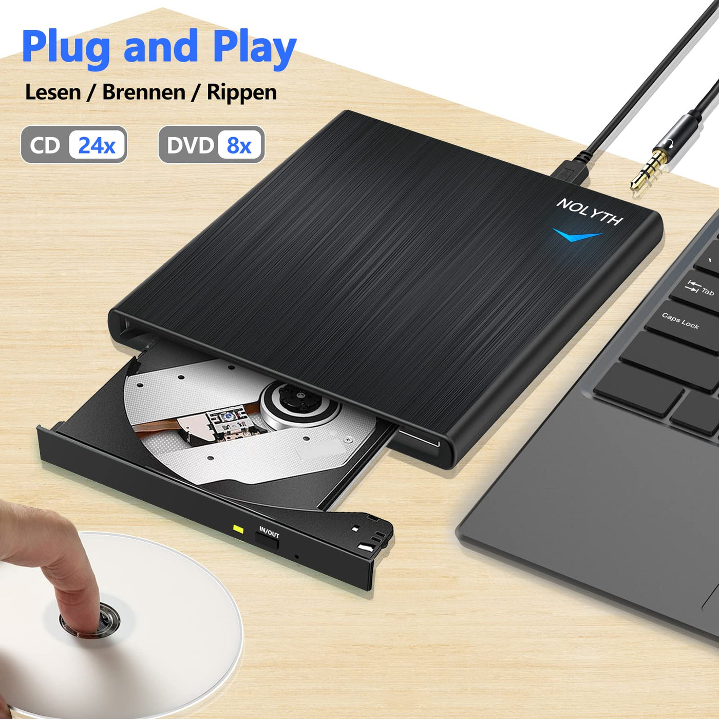 NOLYTH Externes DVD Laufwerk Extern, Externes CD Laufwerk Extern USB mit 1 Audio 2 USB Slots, Externe Optische Laufwerke DVD Brenner Extern Externes Laufwerk für Laptop Mac PC MacBook Windows