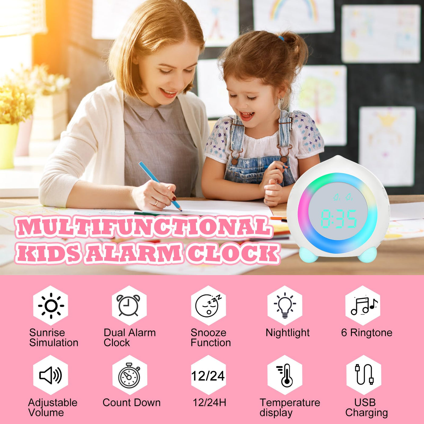 Ayybboo Kinderwecker Digitaler,Wecker Digital Sonnenaufgangssimulator Kinderwecker für Mädchen Jungen mit Bunte Lichter Leiser Wecker Ohne Ticken Schlafzimmer (Weiß)