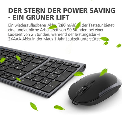 iClever GK03 2.4G Tastatur Maus Set Kabellos, Aluminium Wireless Slim Tastatur QWERTZ Layout (Deutsch), für Computer/Desktop/PC/Laptop/Oberfläsche/Windows 10/8/7/Vista/XP (2.4GHz, USB)