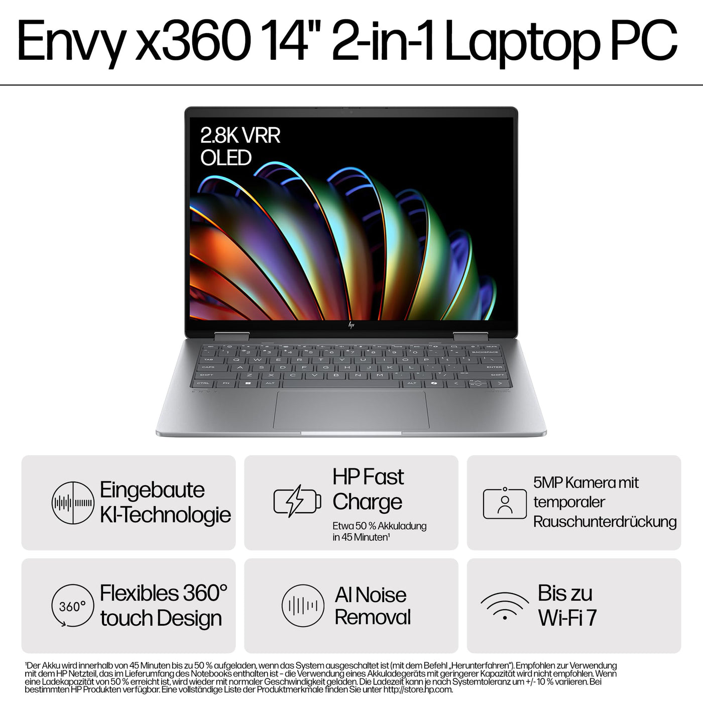 HP Envy x360 2-in-1 Convertible Laptop | AMD Ryzen 5 8640HS | KI optimiert | 14" 2.8K OLED Touch Display | 16GB RAM | 512GB SSD | ‎AMD Radeon Graphics | QWERTZ | Copilot Key | Windows 11 Home | Silber