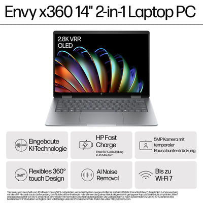 HP Envy x360 2-in-1 Convertible Laptop | AMD Ryzen 5 8640HS | KI optimiert | 14" 2.8K OLED Touch Display | 16GB RAM | 512GB SSD | ‎AMD Radeon Graphics | QWERTZ | Copilot Key | Windows 11 Home | Silber