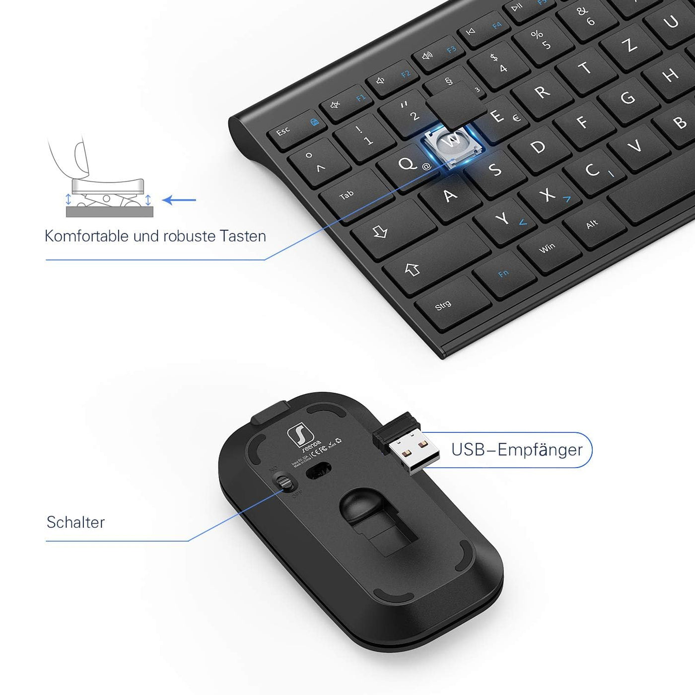 seenda Tastatur Maus Set Kabellos, Wiederaufladbare Aluminium Tastatur mit kompaktes Design, Ultradünne und Leise Funktastatur mit Maus für PC/Laptop/Smart TV, QWERTZ Layout, Schwarz