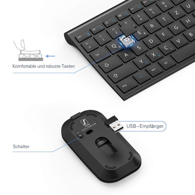 seenda Tastatur Maus Set Kabellos, Wiederaufladbare Aluminium Tastatur mit kompaktes Design, Ultradünne und Leise Funktastatur mit Maus für PC/Laptop/Smart TV, QWERTZ Layout, Schwarz