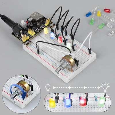 Miuzei Basic Starter Kit für Arduino Projekte mit Steckboard, Power Supply Modul, Jumperkabel, Resistors, LED, Elektronik Steckbrett Breadboard Set, Kompatibel mit Raspberry Pi