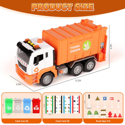BunnyJOY Müllauto Spielzeug ab 3 4 5 6 Jahre Junge, Große Müllwagen Spielzeug mit Mülltonnen, Spielzeugautos Fahrzeuge, Geschenk Lernspielzeug für Kinder, Orange