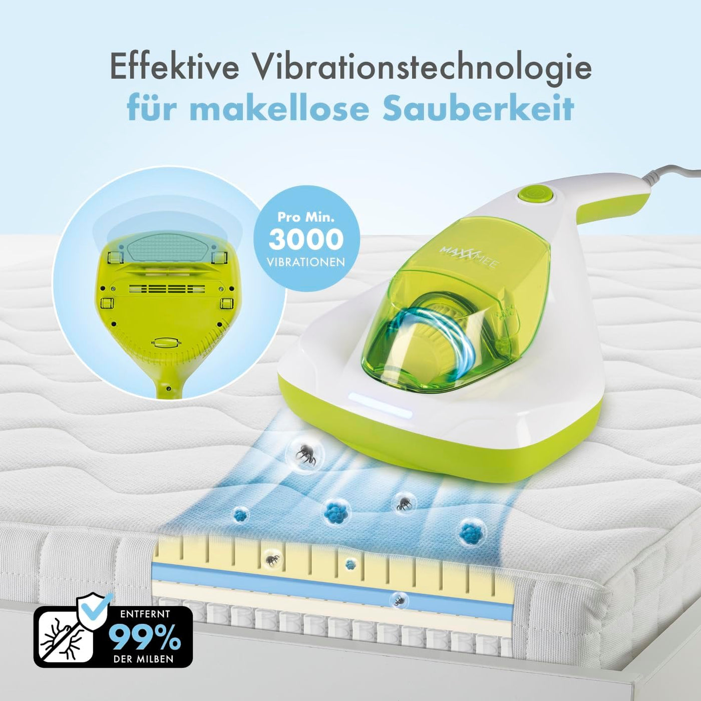 MAXXMEE Milben-Handstaubsauger inkl. Anti-Milben Spray | Antimilben-Sauger mit UV-C Licht, vernichtet 99,9% der Milben | Matratzensauger inkl. HEPA Filter und 250ml Staubbehälter [Limonengrün]