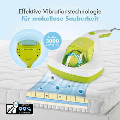 MAXXMEE Milben-Handstaubsauger inkl. Anti-Milben Spray | Antimilben-Sauger mit UV-C Licht, vernichtet 99,9% der Milben | Matratzensauger inkl. HEPA Filter und 250ml Staubbehälter [Limonengrün]