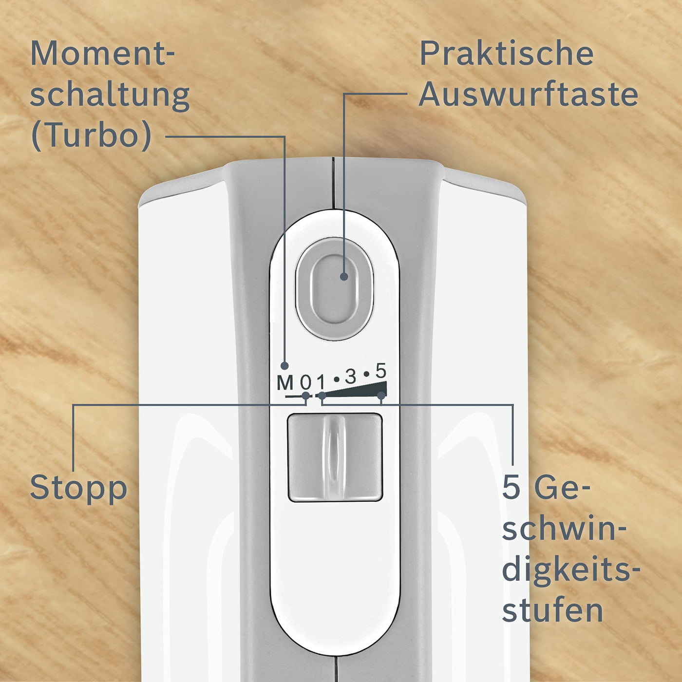 Bosch Handrührer Styline MFQ4075DE, 2 Rührbesen, 2 Edelstahl-Knethaken, spülmaschinengeeignet, Pürierstab, Mixbecher, 5 Stufen plus Turbostufe, 550 W, weiß/silber