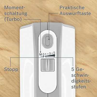 Bosch Handrührer Styline MFQ4075DE, 2 Rührbesen, 2 Edelstahl-Knethaken, spülmaschinengeeignet, Pürierstab, Mixbecher, 5 Stufen plus Turbostufe, 550 W, weiß/silber