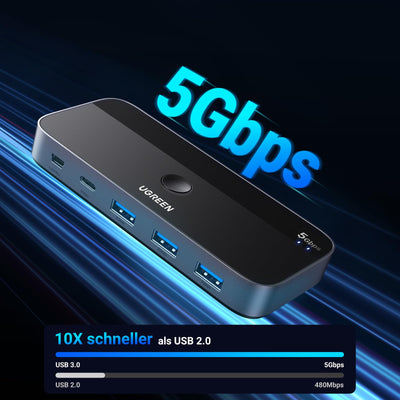 UGREEN USB C Switch 2PC USB Switch 3.0 mit 1xUSB C Port und 3xUSB A Ports, 2 In 4 Out USB-C Switch USB Umschalter Aluminiumgehäuse mit 2USB-C auf A/C Kabeln für Tastatur, Maus, Drucker, USB Stick usw.