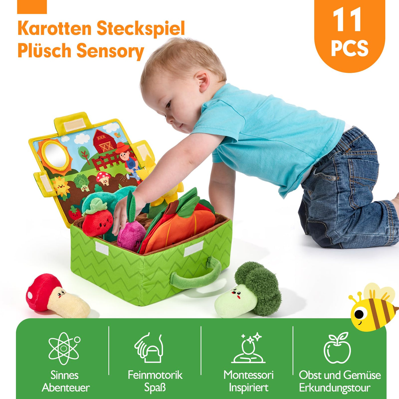 hahaland Montessori Spielzeug Baby - Obst und Gemüse Garten Plüschtier-Set, Motorik Baby Spielzeug 6 Monate mit Rasseln Spiegel Tragbarer Box,Weihnachts Geschenk für Spielzeug ab 6 7 8 9 10 12 Monate