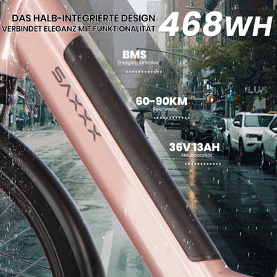 SAXXX E Bike Damen 28 Zoll Tiefeinsteiger mit 36V 13Ah Akku, Elektro Fahrrad Erwachsene mit Scheibenbremse, 7 Gang Kettenschaltung Pedelec mit Federgabel, Ebikes mit Gepäckträger für Damen/Frauen
