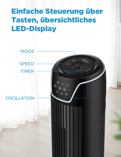 Midea FZ10-17JR Turmventilator Leise mit Fernbedienung 92CM, mobiler Lüfter,Ventilator Säulenventilator,7 Stunden Timer,3 Modi,3 Geschwindigkeiten,45W Standventilator,Schwarz