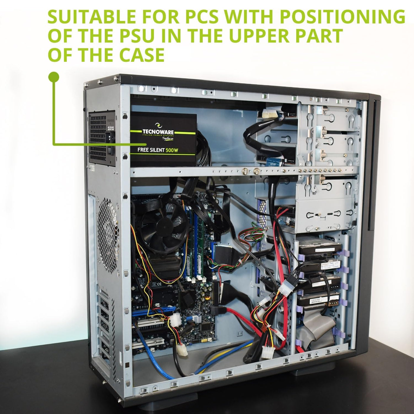Tecnoware Power Systems - ATX-Netzteil 500, Ultrasilent 12 cm Lüfter, Überspannungsschutz, 2x SATA, 1x 24-polig, 1x 12V 4+4-polig, 2x Molex, schwarz, Größe 500 | Kompatibel mit ATX 12V v.2.01