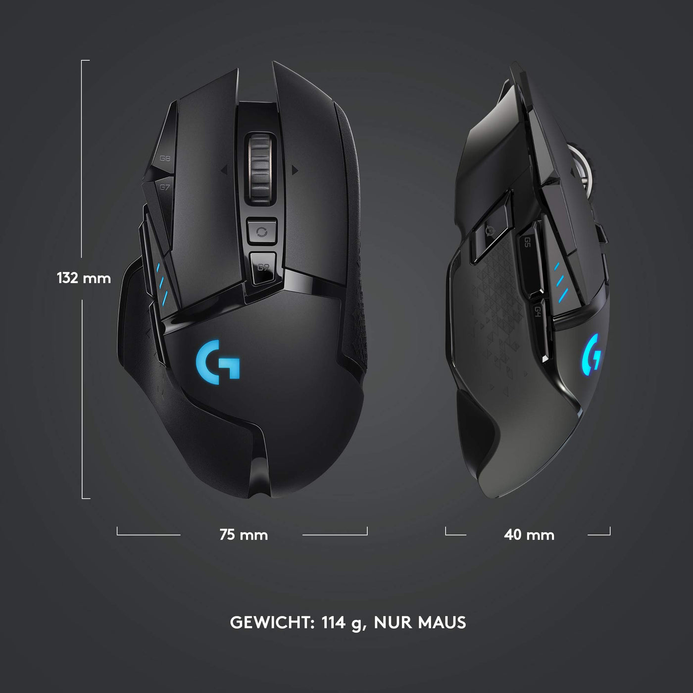 Logitech G502 LIGHTSPEED kabellose Gaming-Maus mit HERO 25K DPI Sensor, Wireless Verbindung, USB-Anschluss, RGB-Beleuchtung, Gewichtstuning, POWERPLAY-kompatibel, PC/Mac - Schwarz