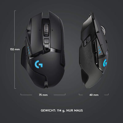 Logitech G502 LIGHTSPEED kabellose Gaming-Maus mit HERO 25K DPI Sensor, Wireless Verbindung, USB-Anschluss, RGB-Beleuchtung, Gewichtstuning, POWERPLAY-kompatibel, PC/Mac - Schwarz
