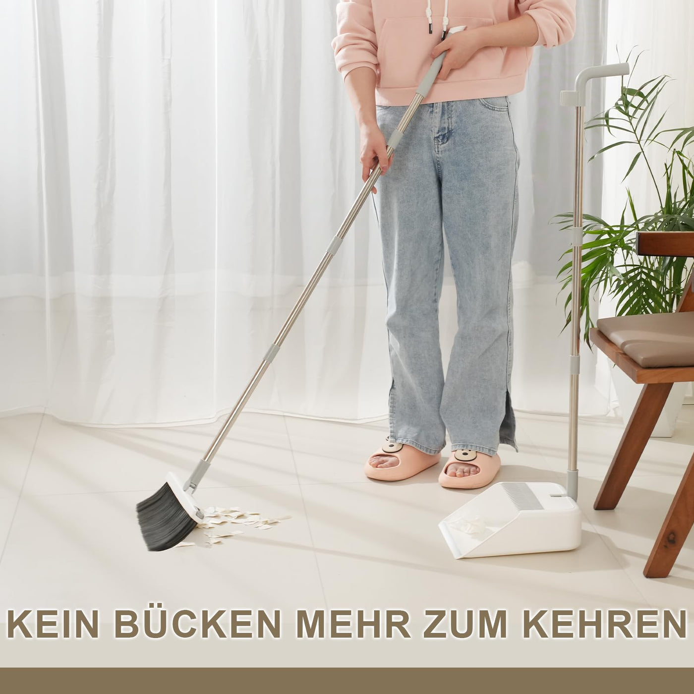 Mitclear Besen und Kehrschaufelset Set mit Langem Griff, 180° drehbare Kehrbesen Kehrmaschine und Haushalt Kehrschaufel Combo mit Aluminiumlegierung-lippe für die Reinigung von Haus, Büro, Lobby