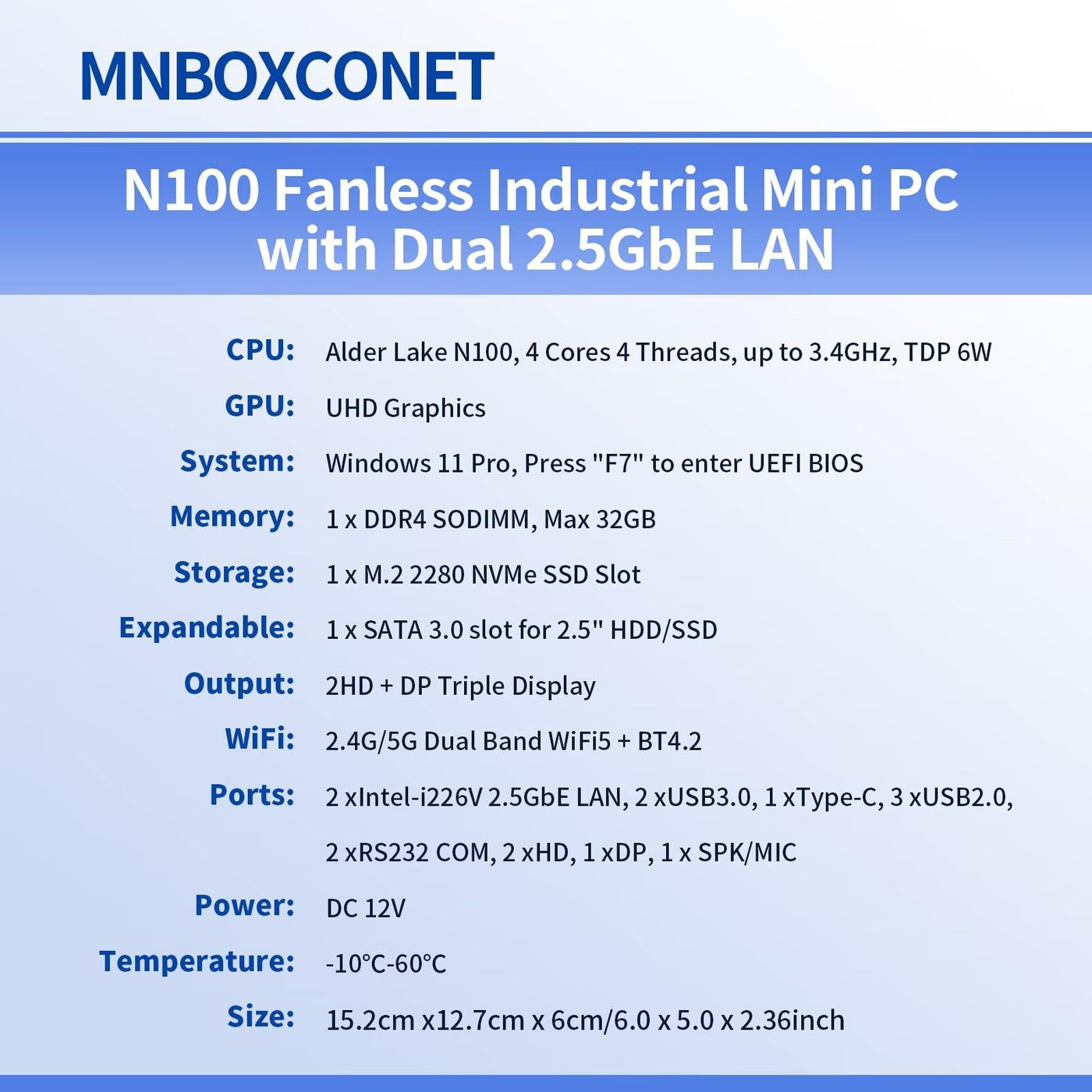 MNBOXCONET Lüfterlos Mini PC Industrial N100, Small Fanless Computer, Barebone NO RAM NO SSD, Windows 11 Pro, Dual i226V 2.5GbE LAN, RS232 COM, WiFi5/BT4.2, Business Büro Triple Display