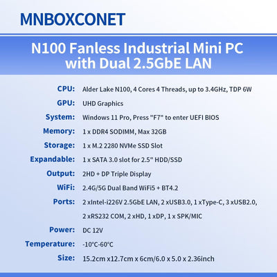MNBOXCONET Lüfterlos Mini PC Industrial N100, Small Fanless Computer, Barebone NO RAM NO SSD, Windows 11 Pro, Dual i226V 2.5GbE LAN, RS232 COM, WiFi5/BT4.2, Business Büro Triple Display