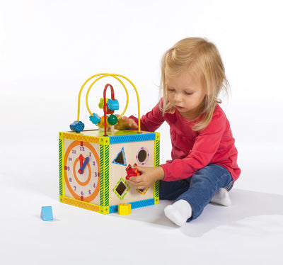 Eichhorn 100002235 buntes Spielcenter, Motorikwürfel mit Motorikschleife, Uhr, Motorikspiel, Drehspiel und 5 Steckbausteine, für Kinder ab 1 Jahr, Größe: 20x20x36 cm