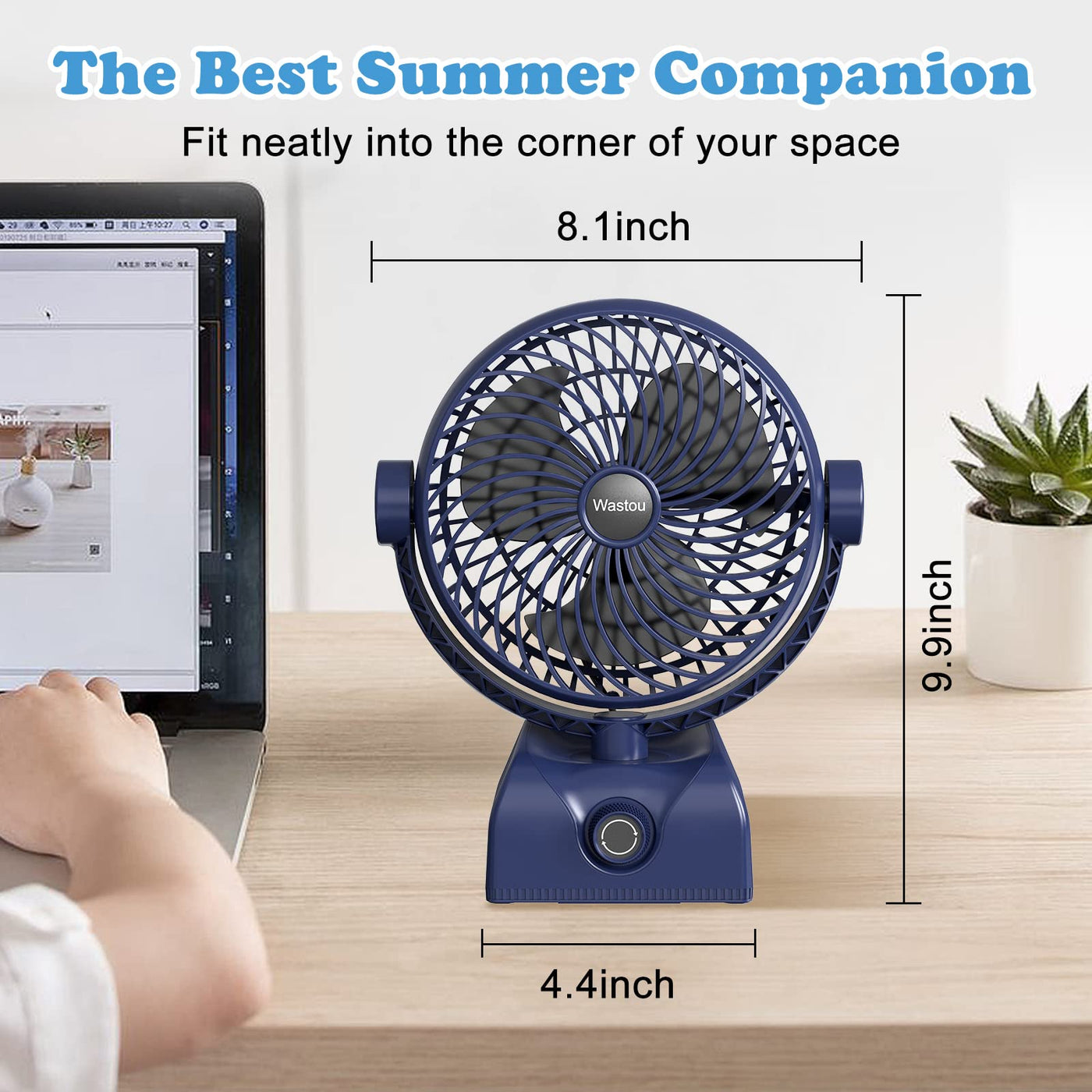 Wastou Schreibtischventilator, wiederaufladbarer USB-Tischventilator, tragbarer Turmventilator mit 10000 mAh, drehbarer Kopf, leiser Lüfter für Schlafzimmer, Büro und Desktop
