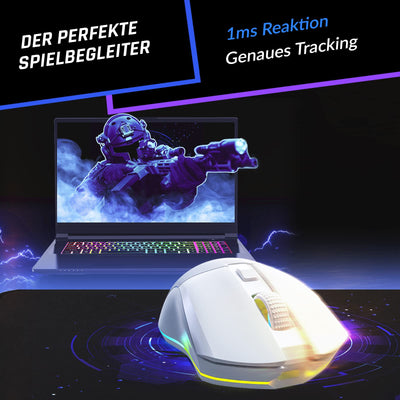 KLIM Blaze Pro – Gaming-Maus, kabellos, RGB wiederaufladbar, mit Ladestation – Neuheit 2024 – Hochpräziser Sensor mit Langer Akkulaufzeit – 6000 DPI – kabelgebundene und kabellose Maus – Weiß