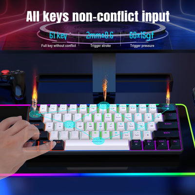 Snpurdiri 60% kabelgebundene mechanische Gaming-Tastatur, 61 Anti-Ghosting-Tasten, RGB-Hintergrundbeleuchtung, ultrakompakte Blaue Schalter, Zwei Ständer, schwarz-weiß