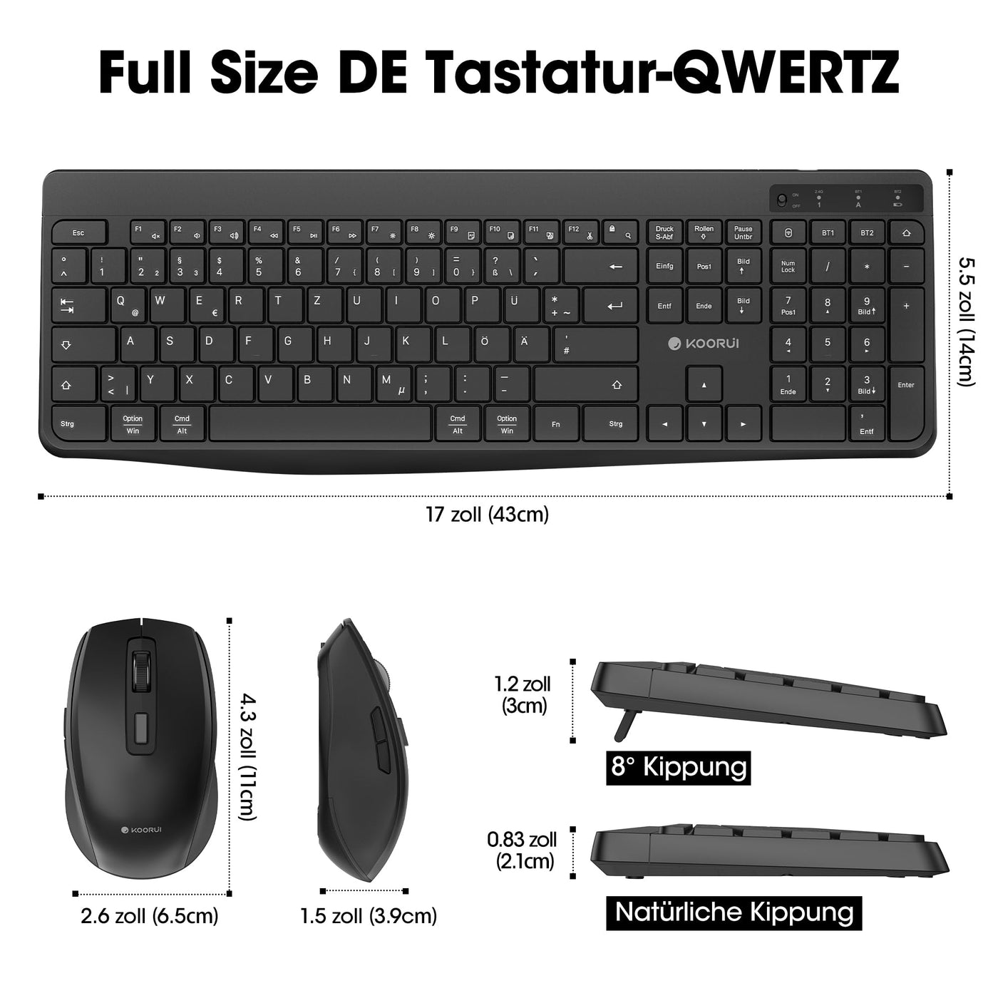 KOORUI Tastatur und Maus Kabellos, Wiederaufladbar Leise Maus Tastatur Set Deutsches Layout QWERTZ mit 12 Funktionstasten 2.4 GHz Tastatur Maus Set für Windows, MacOS, Linux -Schwarz