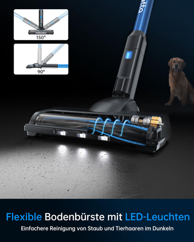 FABULETTA Akku Staubsauger, 6 in 1 Staubsauger Kabellos bis zu 50Min. Laufzeit, Leicht Akkusauger mit LED Display & Anti-Tangle-Bürste, für Teppich, Hartboden und Tierhaare (Blau)