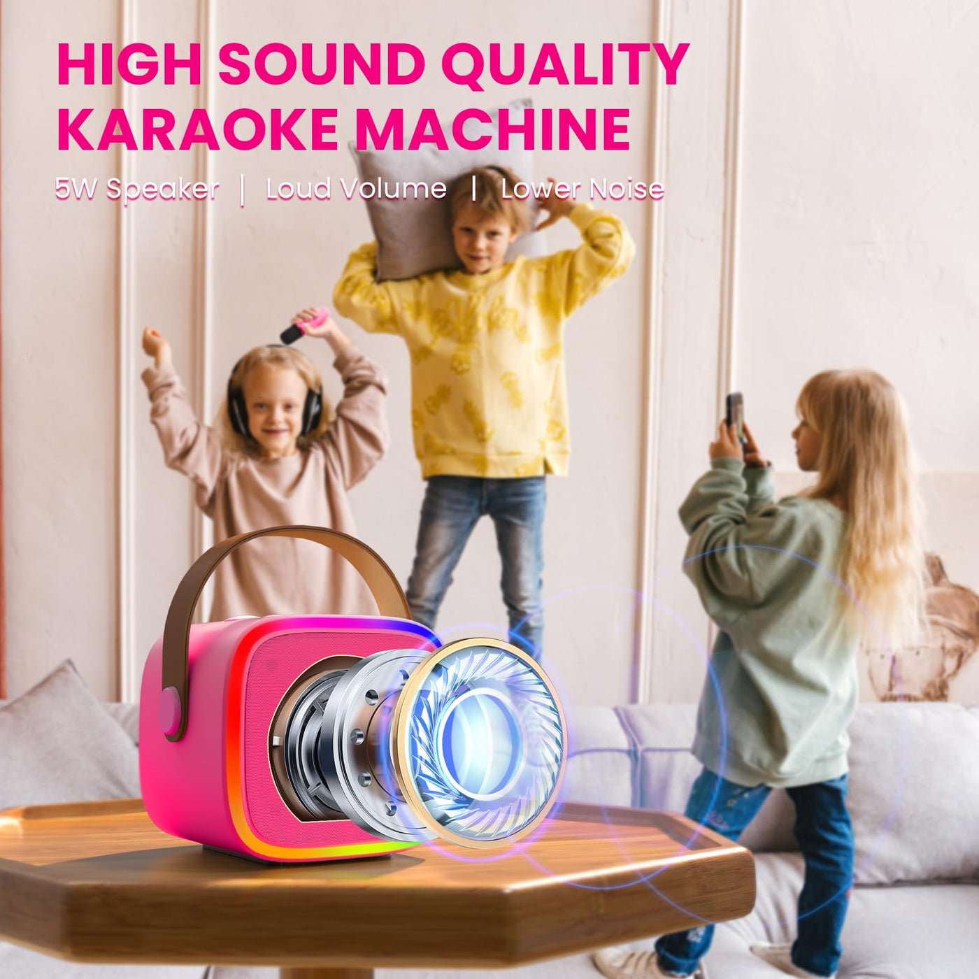 BONAOK Mikrofon Karaoke Maschine, Bluetooth Karaokemaschinen für Kinder Erwachsene, Tragbarer Karaoke-Player Mikrofon zum Aufladen, Kinder Elektronisches Spielzeug (Rosenrot)