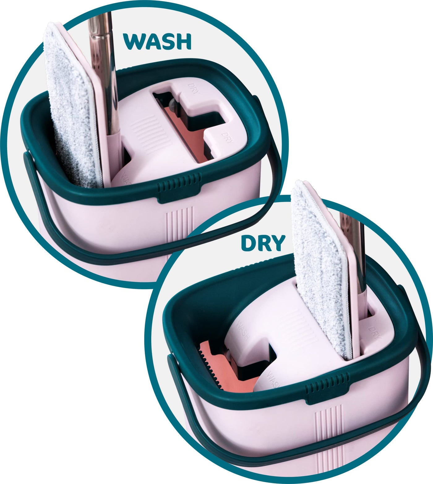 York Flachmopp Handy | Wischmopp Set mit Eimer Zweikammer | Innovativ Automatisches Auspresssystem | Eimer Kapazität 6 Liter Moppabmessungen 31x12cm Klappbarer Griff Länge 120cm | Rosa-Grün…