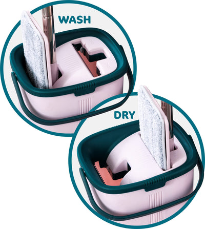 York Flachmopp Handy | Wischmopp Set mit Eimer Zweikammer | Innovativ Automatisches Auspresssystem | Eimer Kapazität 6 Liter Moppabmessungen 31x12cm Klappbarer Griff Länge 120cm | Rosa-Grün…