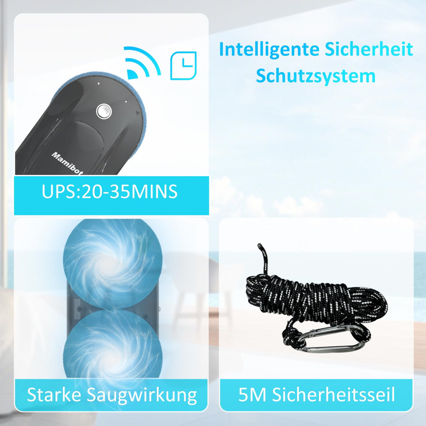 Mamibot W110-P Fensterputzroboter, automatischer intelligenter Navigations-Staubsauger Anti-Drop, mit APP und Fernbedienung, für Glas, Fliesen, 12 Stück Tücher (Schwarz)