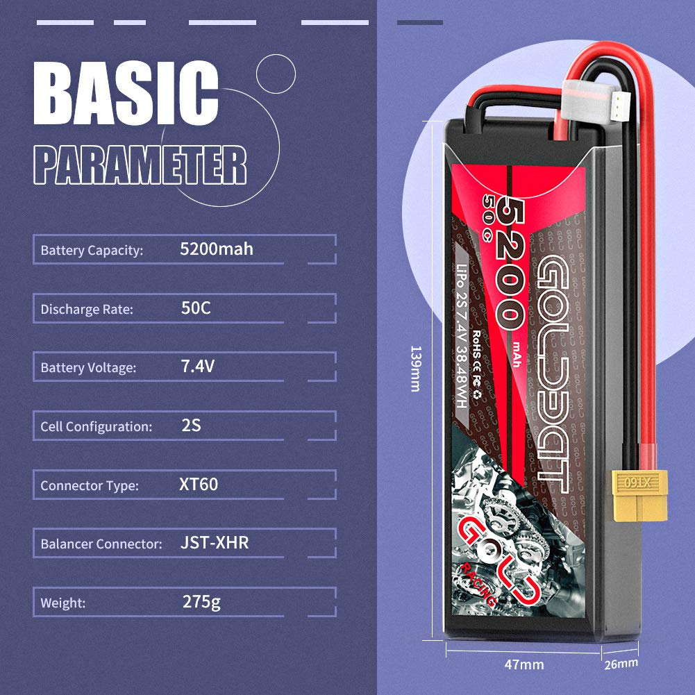 GOLDBAT 2S Lipo RC Akku 7,4V 50C 5200mAh LiPo Akku Hardcase Pack mit XT60 Stecker für RC Auto Evader RC Hubschrauber RC Truggy Buggy Evader BX Auto LKW Truck RC Hobby (2Packs)