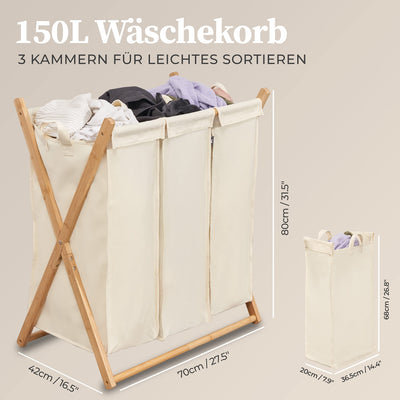 Hennez Wäschesammler XXL - Wäschekorb 3 Fächer - Wäschesortierer Wäschebox - Holz - Wäschetrenner Beige - Wäsche Sortiersystem Bambus - Wäschkorb - Laundry Basket