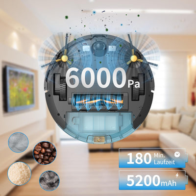 Tesvor Saugroboter mit Wischfunktion,M2 Staubsauger Roboter,6000Pa Starke Saugkraft Roboterstaubsauger,Selbstaufladend,WLAN, 5200 mAh +180 Min.Laufzeit Ideal für Tierhaare,Teppich,Hartboden