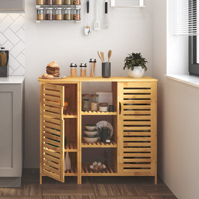 sogesfurniture Badschrank Bambus, Badezimmerschrank, Beistellschrank mit 4 Ablagen und 2 Lamellentüren Aufbewahrungsschrank für Badezimmer, Wohnzimmer, Küche, 100x33x87cm