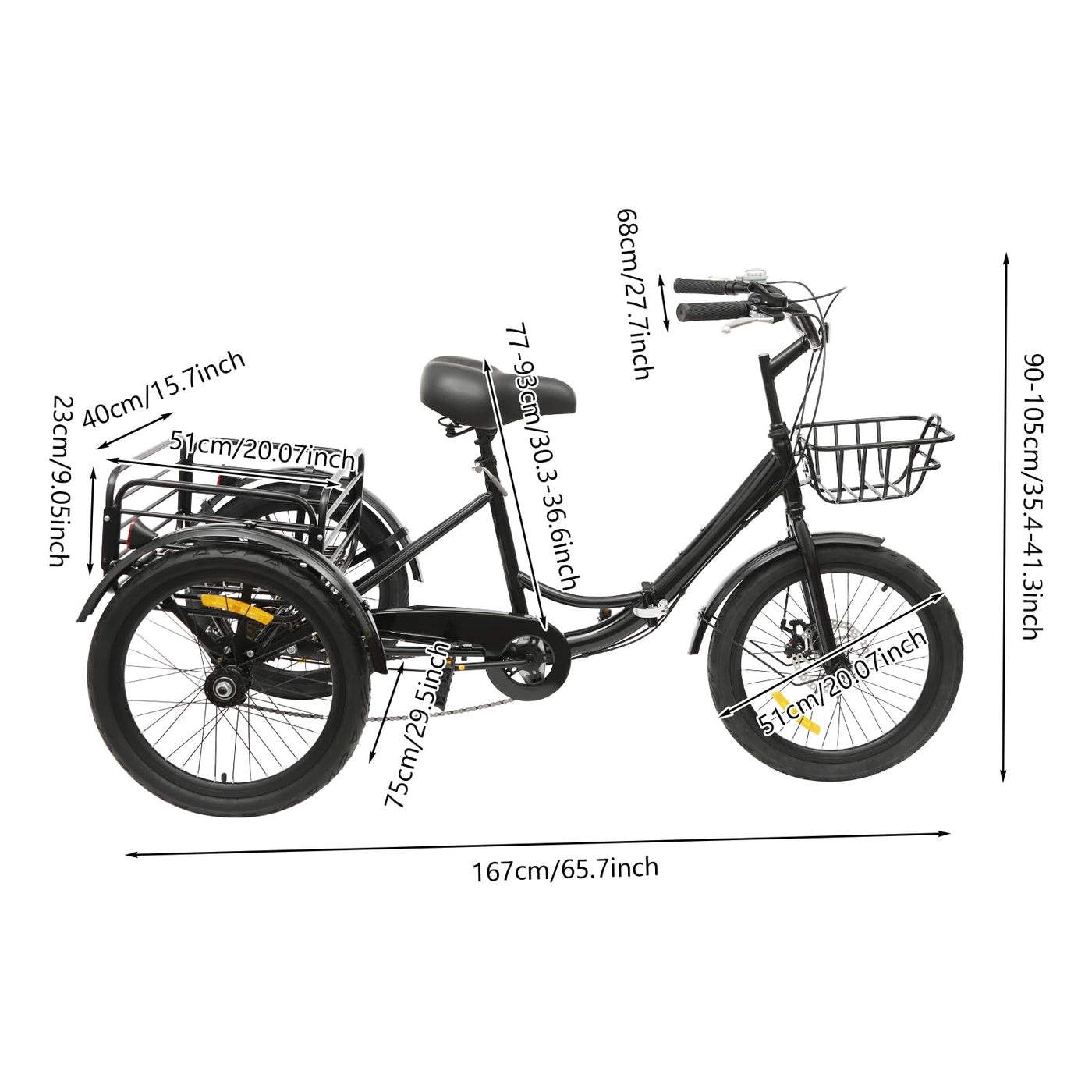 SHZICMY 20 Zoll Dreirad für Erwachsene,3-Rad-Cruiser-Faltbares Fahrrad 7-Gang Lastenfahrrad mit Korb Vorne/Hinten,Scheibenbremse, für Erwachsene mit Körpergröße von 1.55 bis 1.75M (Schwarz)