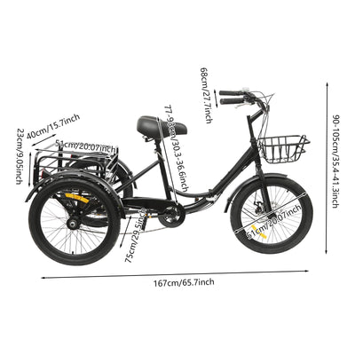 SHZICMY 20 Zoll Dreirad für Erwachsene,3-Rad-Cruiser-Faltbares Fahrrad 7-Gang Lastenfahrrad mit Korb Vorne/Hinten,Scheibenbremse, für Erwachsene mit Körpergröße von 1.55 bis 1.75M (Schwarz)