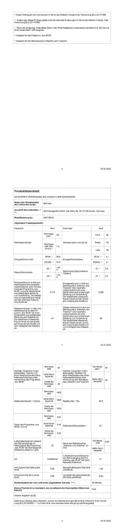 Siemens WK14D543 iQ500 Einbau-Waschtrockner, 7 kg Waschen und 4 kg Trocknen, 1400 UpM, Outdoor-Programm - trocknet wasserfeste Outdoor-Bekleidung zuverlässig, aquaStop, Besonders hohe Beladungsmenge
