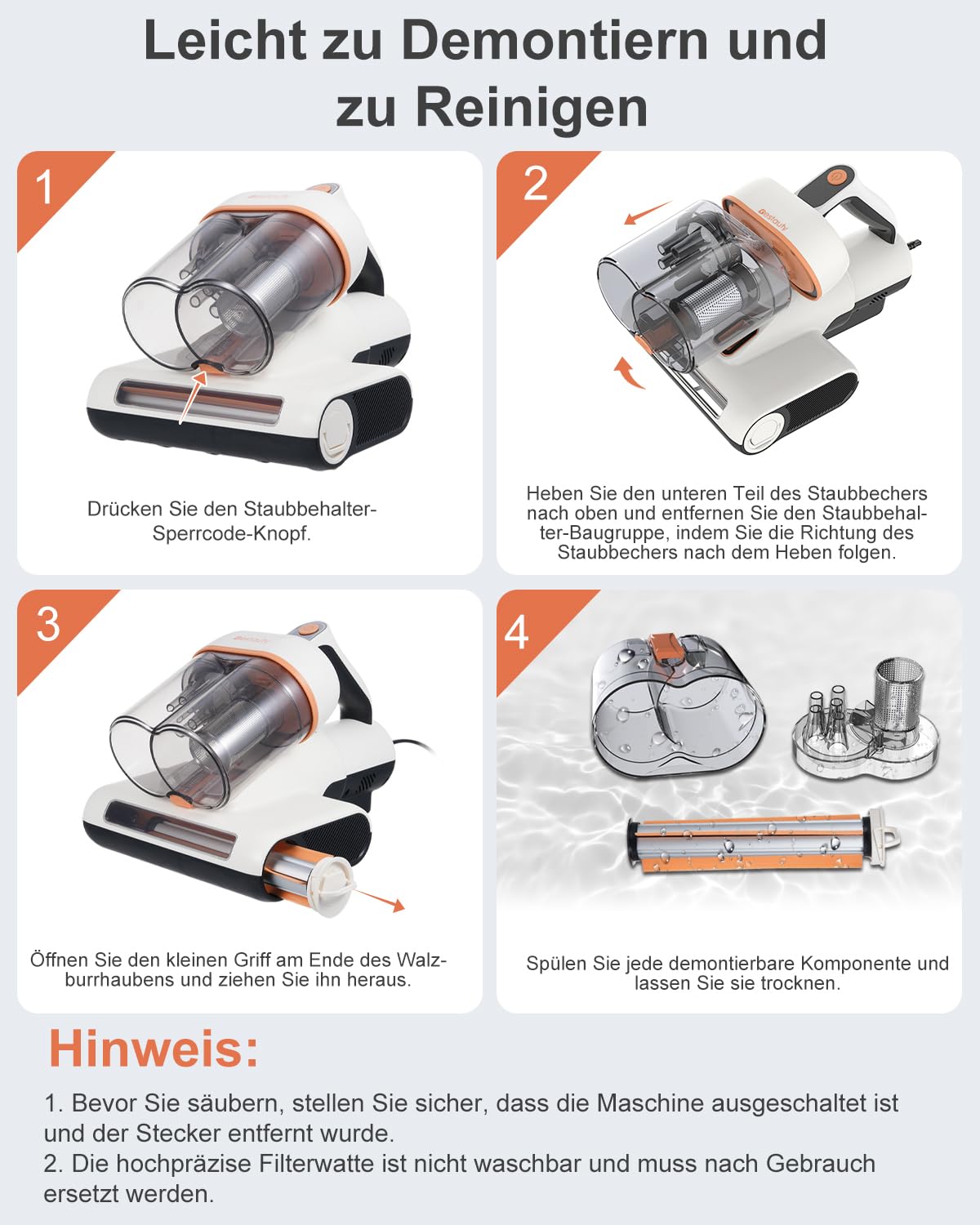Bestauty Milbensauger für Matratzen, 2 Stufen starken Saugens 7-16 kPa Milbenstaubsauger 500W mit UV-Licht, 55°C Heißlufttrocknung, entfernt 99,9% Bakterien, Allergene, Staub-Milben für Betten,Sofas