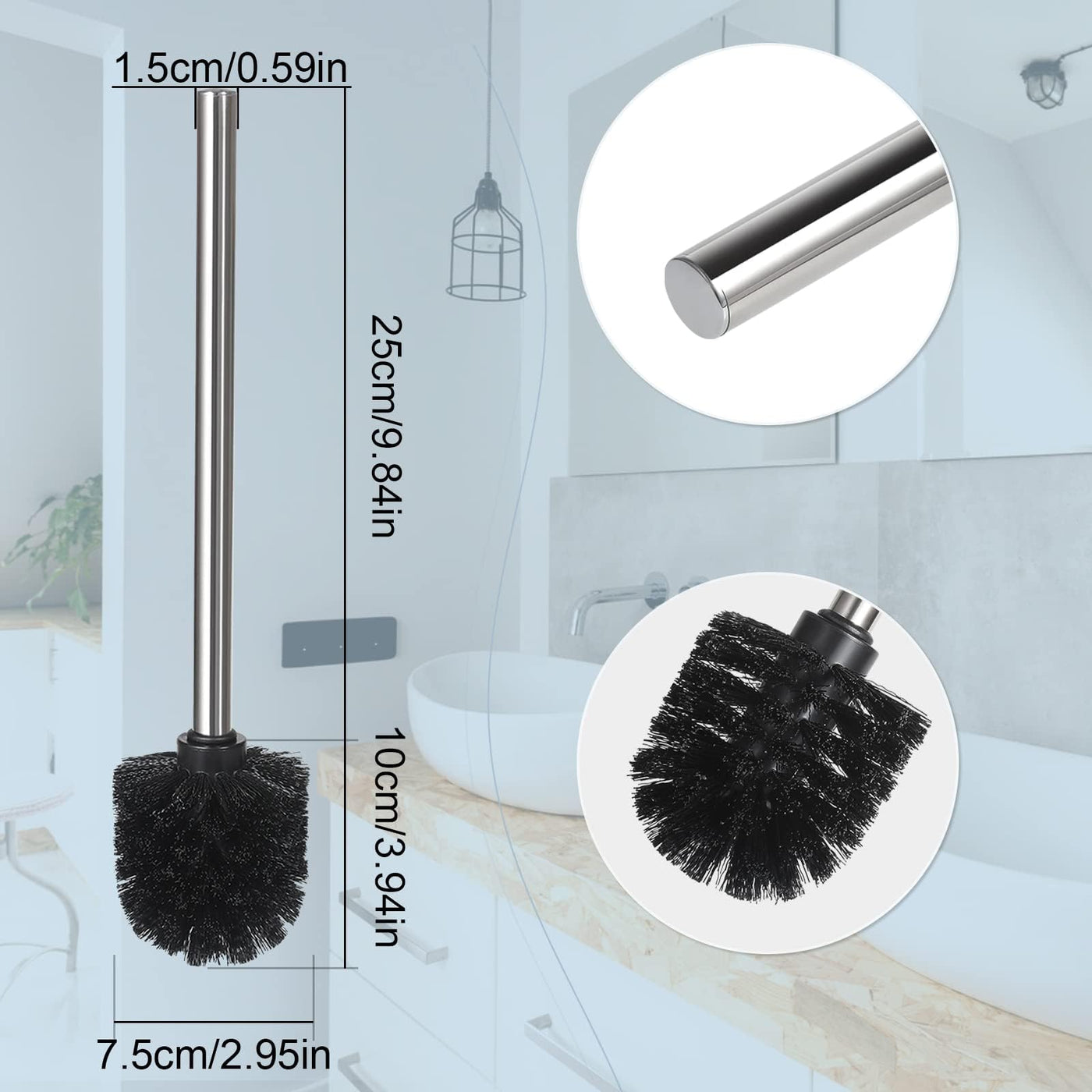 Rovtop 4 Stück WC Klobürste Schwarz, Toilettenbürste mit 7.5 cm Durchmesser, WC Bürste mit Edelstahlstiel, Toilet Brush, Toilettenbürste Edelstahl Klobürste Ersatz