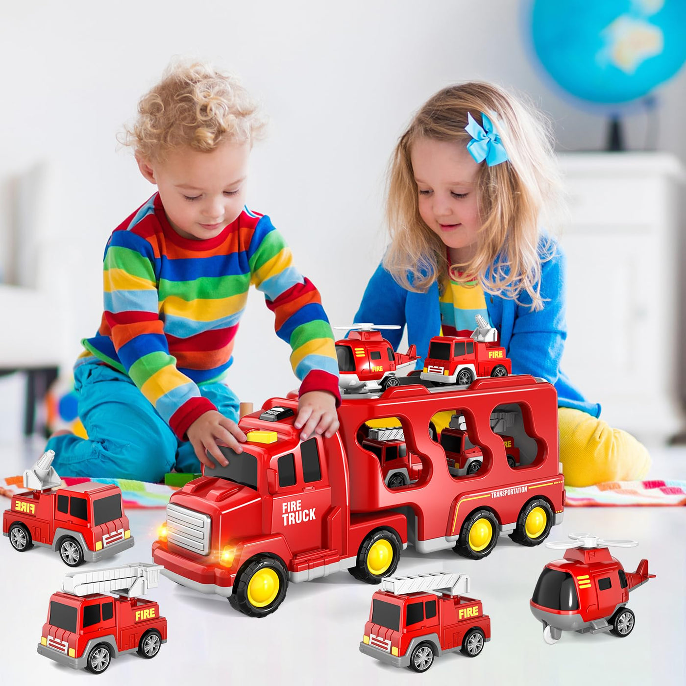 5-in-1 Feuerwehr LKW Spielzeug für Kinder, Reibungsbetriebene Transporter mit 4 Feuerwehrfahrzeugen, Spielzeug ab 1 2 3 Jahren für Jungen und Mädchen mit Lichtern und Geräuschen für Kleinkind 4 5 6