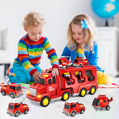 5-in-1 Feuerwehr LKW Spielzeug für Kinder, Reibungsbetriebene Transporter mit 4 Feuerwehrfahrzeugen, Spielzeug ab 1 2 3 Jahren für Jungen und Mädchen mit Lichtern und Geräuschen für Kleinkind 4 5 6