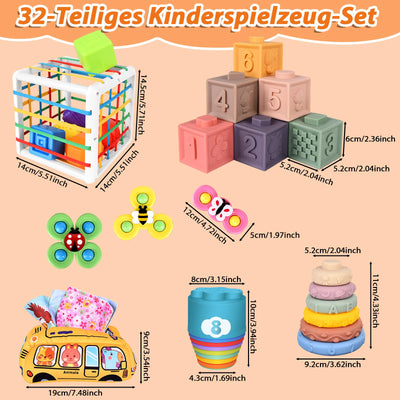 Herenear 6 in 1 Montessori Spielzeug Baby, Spielzeug Baby ab 6 Monate, Motorikspielzeug, Stapelspiel Bausteine, Tissue Box, Montessori Spielzeug ab 1 Jahr, Geschenk für Junge Mädchen