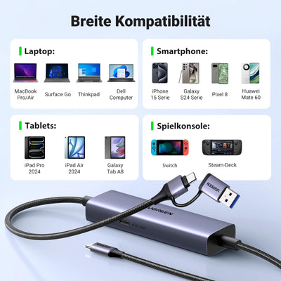 UGREEN Video Capture Card und PD 100W Laden, USB 3.0 Video Capture Card für Full HD 4K Eingang ，2K@30Hz Aufnahme und Schnellladen, Video Capture Gerät für Switch/Steam Deck/pad/Phone/PC/Mac Mini 4